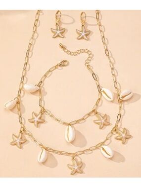 White Starfish & Seashell Paperclip Necklace Bracelet & Leverback Earrings Set